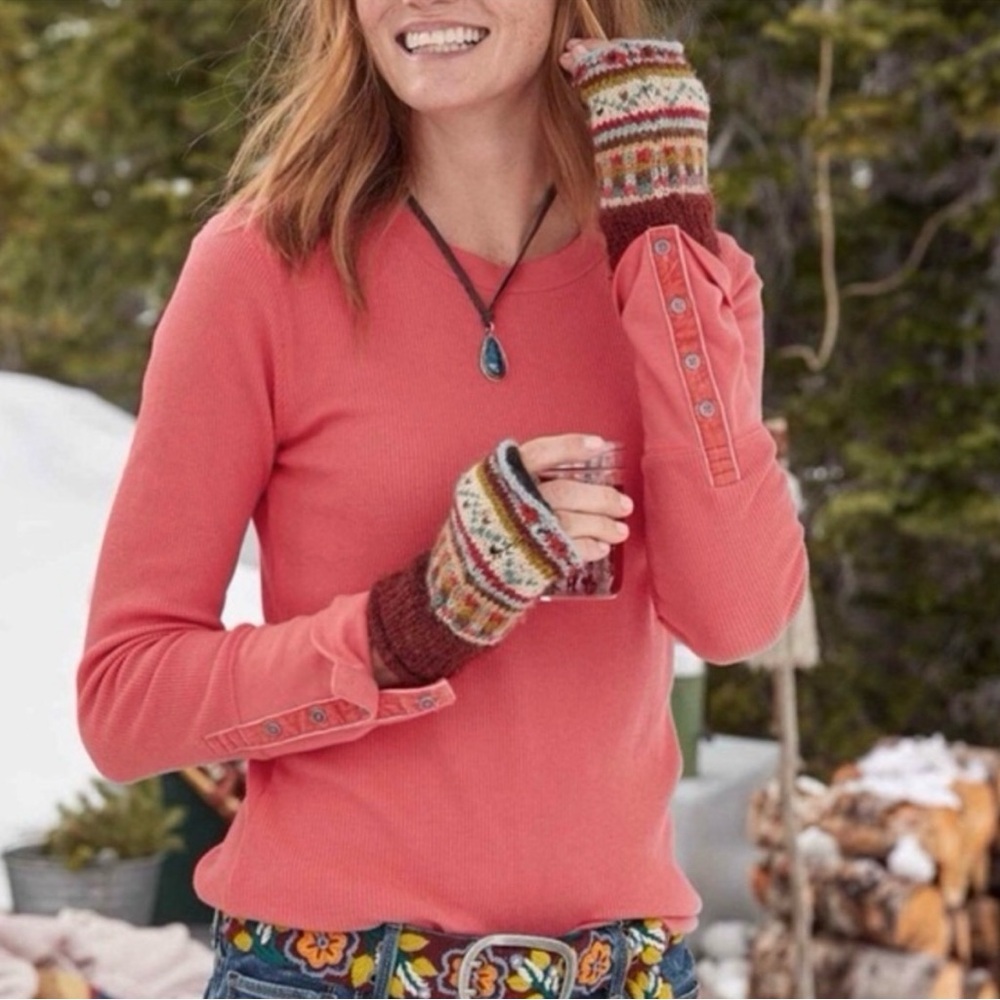 Sundance Thermal Waffle Knit Long Sleeve Button Cuff Blouse Coral Pink SP
